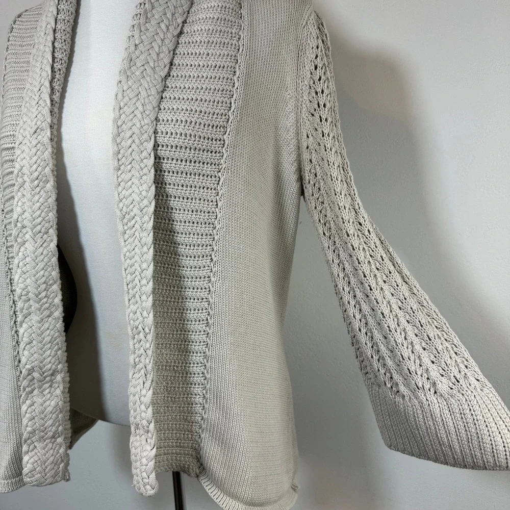Elie Tahari Silk Cotton Open Front Cardigan Beige Braided Cable Knit Coastal M